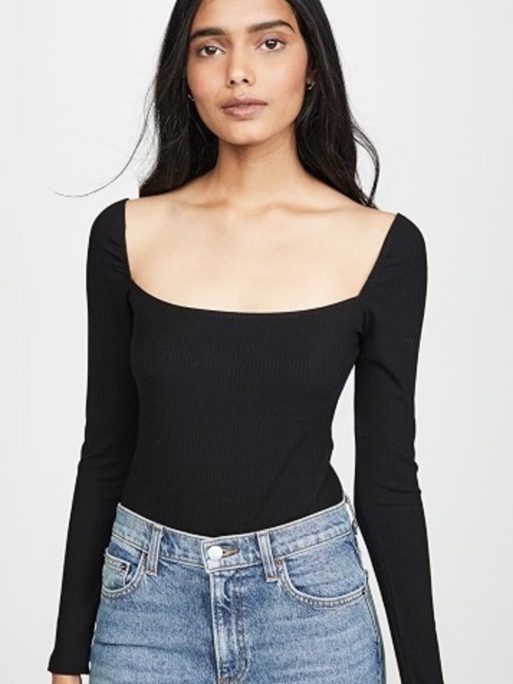 Reformation Jeans Gaia Ribbed Bodysuit Black Square Neck Long Sleeve | Size S